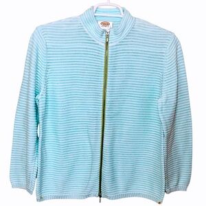 Talbots Woman Striped Textured Cotton Cardigan Contrast Zipper  Blue White (1X)